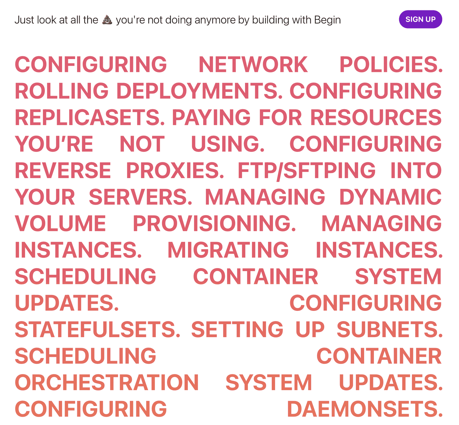 Begin.com's wall of undifferentiated tasks